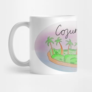 Cozumel watercolor Island travel, beach, sea and palm trees. Holidays and vacation, summer and relaxation Mug